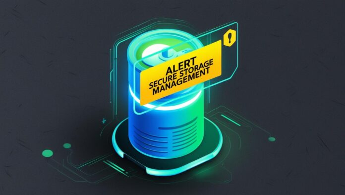 An abstract illustration of a glowing ICP canister with a warning notification popping up, symbolising real-time alerts and secure storage management.